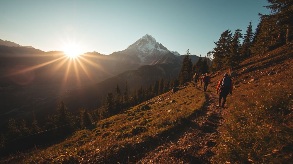 Trekker walking on a narrow trail with Mardi Himal snow-capped peak in the background, golden sunrise lighting, vibrant alpine forest surrounding, cinematic wide-angle shot
