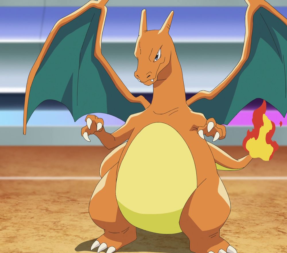 The Pokémon Charizard, an Orange dragon with two horns and fire at the end of its tail.