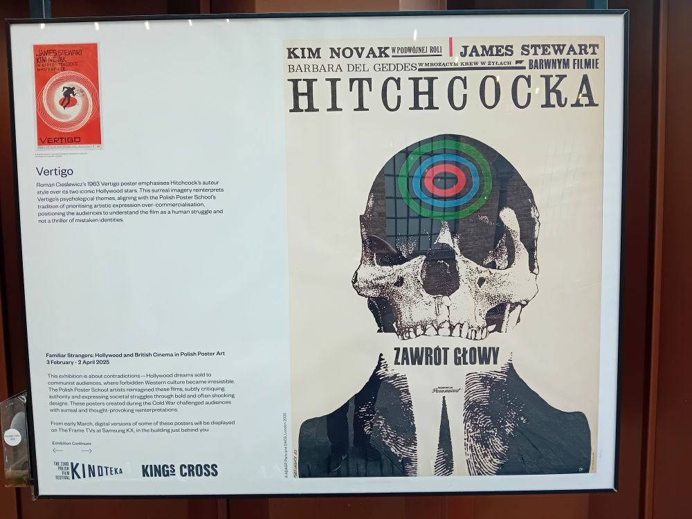 Polish poster for Hitchcock's Vertigo. Artwork shows a human skull and colour swirl.