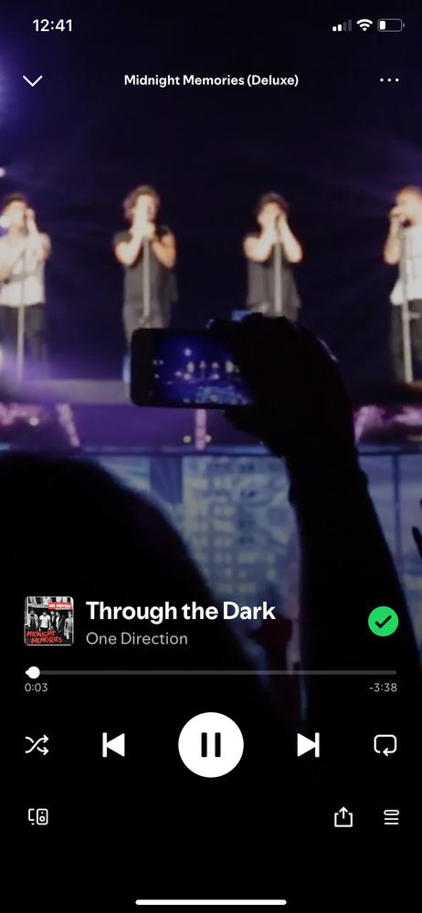 Screenshot from Spotify of Through the Dark by One Direction 
