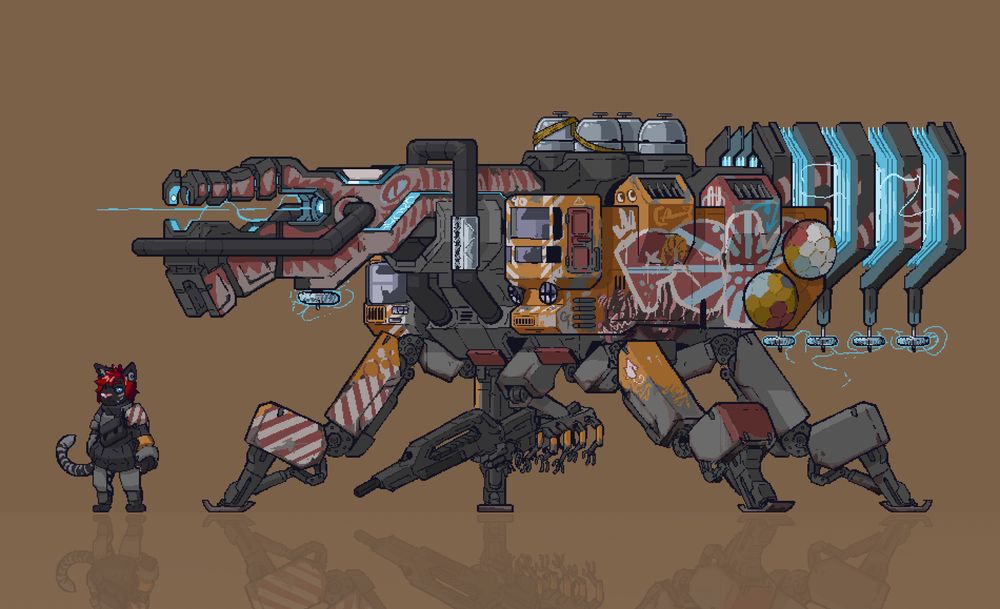 pixelart sprite of a mech and its pilot from the TTRPG Salvage Union. The mech is covered in various graffiti tags in orange, red, and white with other colors mixed in. It's an industrial looking rig with 4 lumbering legs, a large blue laser cannon mounted on its back with arcing electricity glowing from its heatsinks, and a tiger motif painted along its barrel. It carries an assault rifle beneath it on an underslung arm. The arm's forearm is covered in small shrimp-like arms. The pilot is an anthro black tiger with white stripes and red hair wearing mismatched armor.