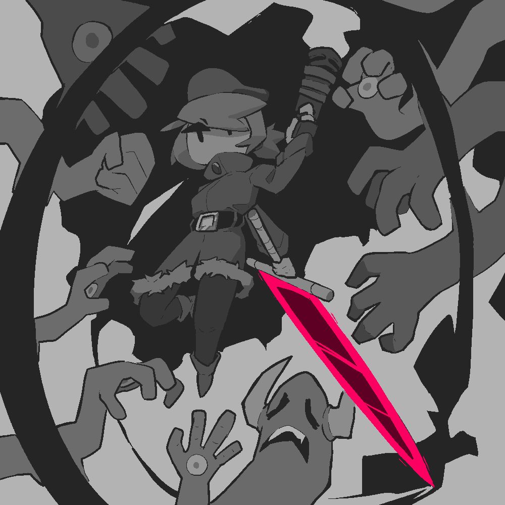 Cynthia fighting the Devil from the game Contract Rush DX. They're grayscale and monochrome aside from a bright pink-ish red claymore being swung by Cynthia in a wide arc, cleaving the devil's arms