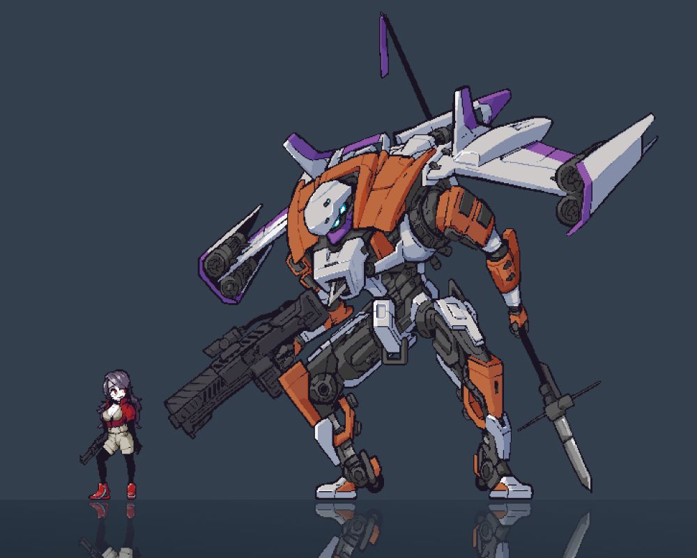 pixel art sprite of a lancer IPS-N Nelson Flight type holding a spear and rifle.

Along with the mech is the pilot of it, Lacuna "Damsel" Starjumper. A woman with dark purple hair and a red coat over a beige jumpsuit. She holds a rifle in her right hand.