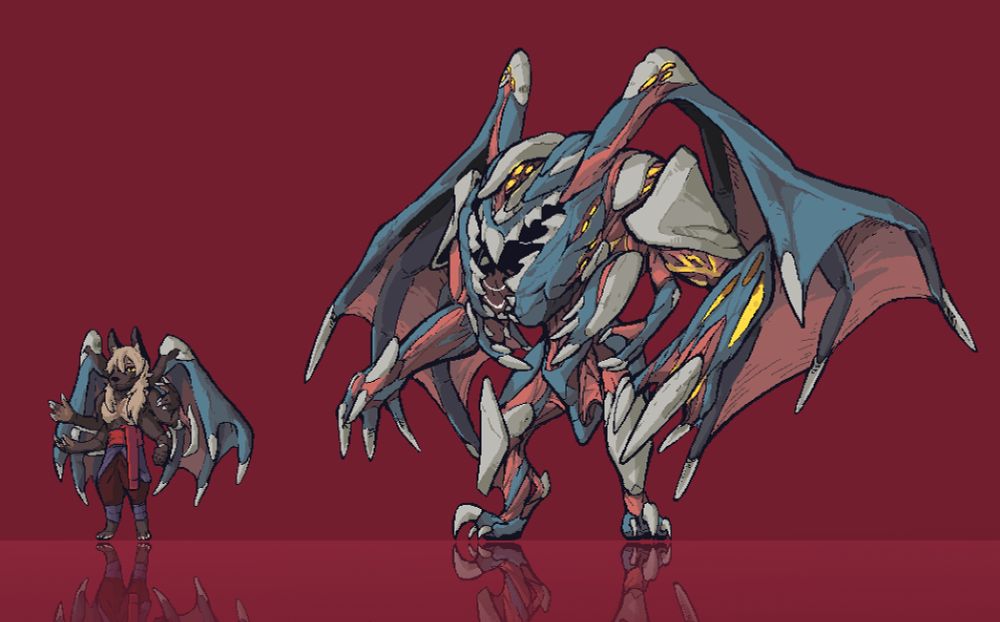 pixel art of a biomechanical mech from the TTRPG salvage union. It has layers of exposed flesh and sinew along with boney plates. In th emiddle of its chest is a gaping maw lined with teeth. On its shoulders are hand-like wings. Its left arm has a cannon full of glowing acid.

The pilot has matching wings, body covered in brown and tan fur, four arms, and bone blades on their arms.