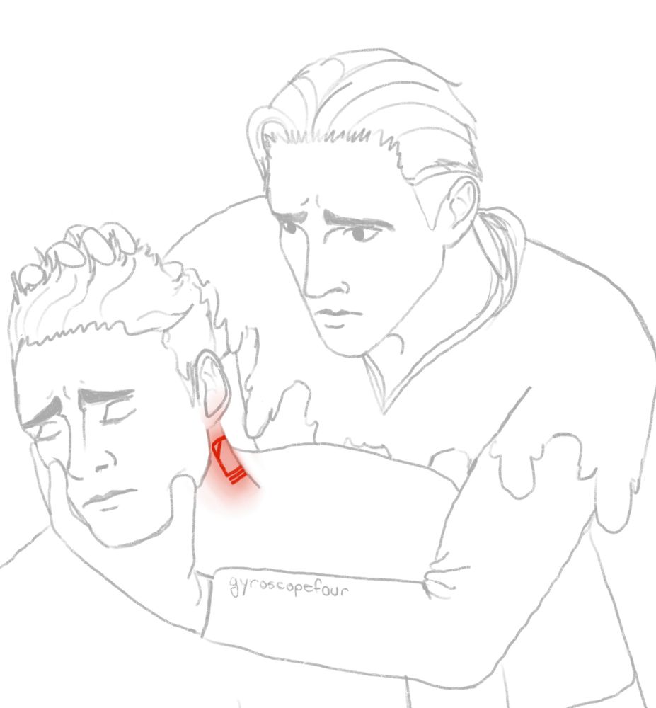 sketch of Hans holding Henry’s head so he can examine the red gallows brand on Henry’s neck 