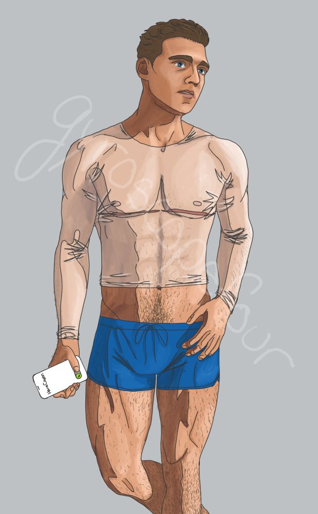 henry, from kingdom come deliverance, dressed in a mesh shirt and tiny blue shorts, with body hair and top surgery scars