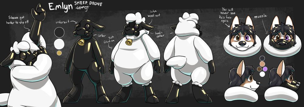 Reference sheet of my Corgi OC Emlyn, now nice and trapped in a rubber sheep suit