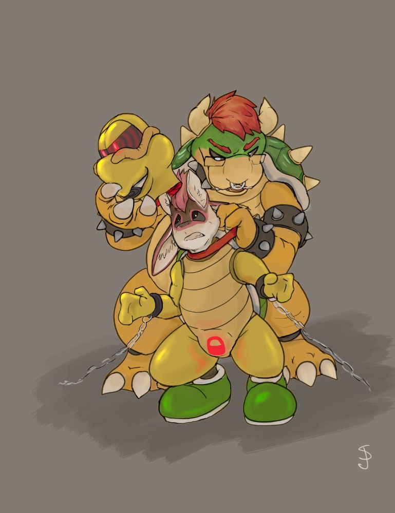 Eirhezi the Avali, looking nervous as they're stuck in a rubber koopa suit from the neck down with a red glowing padlocked nulge, with the head about to be put on. Behind them is a Snickers Jaguar but as Bowser.