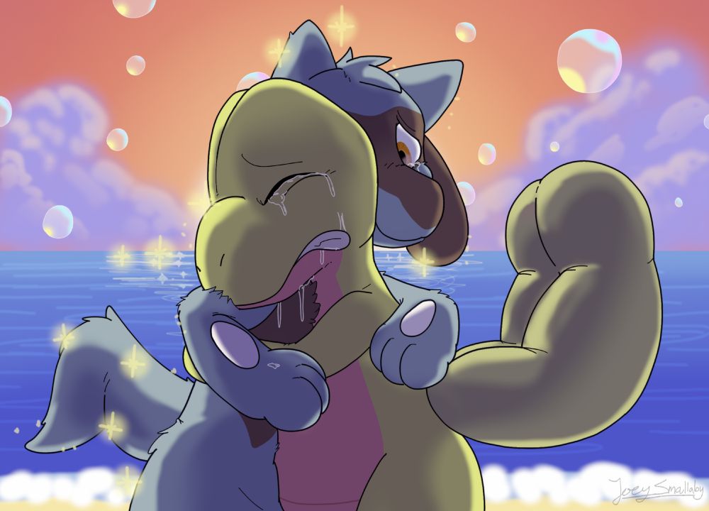 Nub the Riolu and Barkley the Treecko, emotionally embracing each other on the beach at sunset. There's bubbles blowing throughout the air and glowing sparkles are surrounding Nub, reminiscent of the ending scene of PMD Explorers of Sky