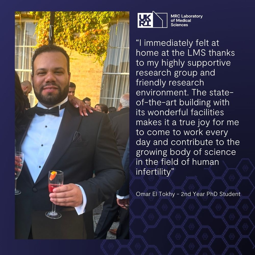 Image of a PhD student next to a quote by him - “I immediately felt at home at the LMS thanks to my highly supportive research group and friendly research environment. The state-of-the-art building with its wonderful facilities makes it a true joy for me to come to work every day and contribute to the growing body of science in the field of human infertility”