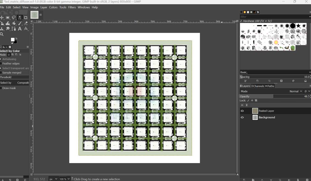 Checking that the dimensions of the diffuser fit using an overlay on a picture of the 8x8 RGB LED matrix (GIMP)