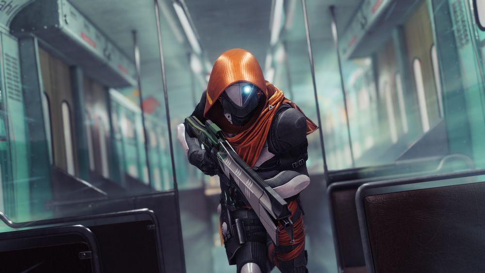 A Guardian wearing the Kepler destination armor runs through a train's interior.