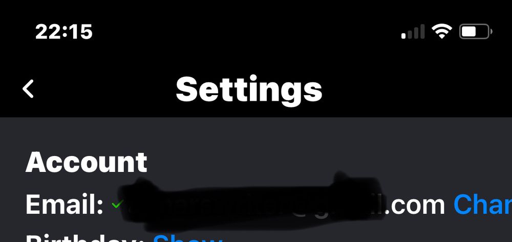 Bluesky settings page, shows account, email on left, redacted email, then partial word “cha” for change option on right.