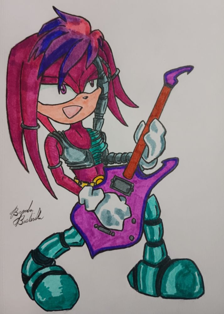 Pen outline and marker color sketch on paper of Julie-Su, a character in the Archie comics Sonic the Hedgehog, playing a purple Ibanez Iceman. Julie-Su, in the comic, was Knuckles love interest.