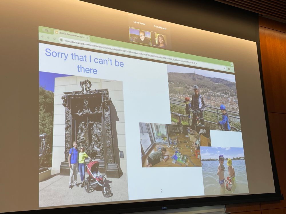 Screen of speaker saying “Sorry that I can’t be there”