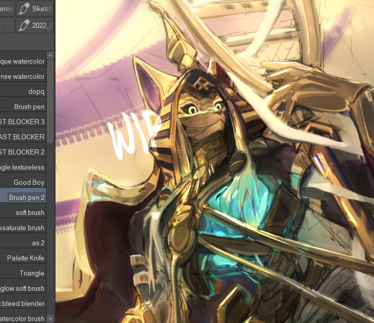 A work-in-progress illustration depicting Zubayr, a cat-like deity from Arknights