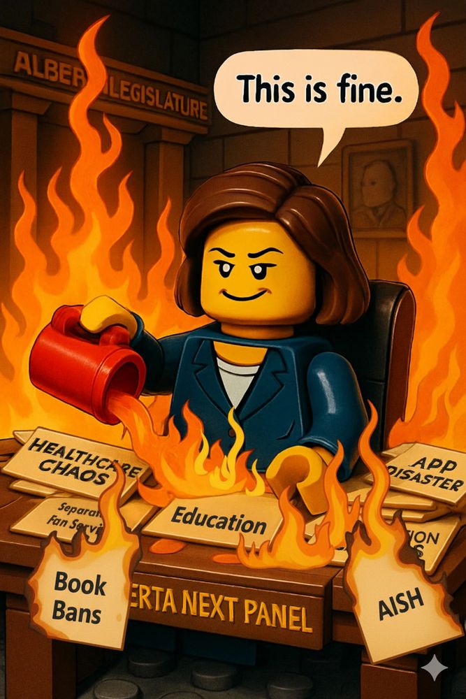 Danielle SMith at a desk, surrounded by flames. She is pouring more gasoline on the fire from a red can. Papers on the desk and floor are also on fire, with some labeled 