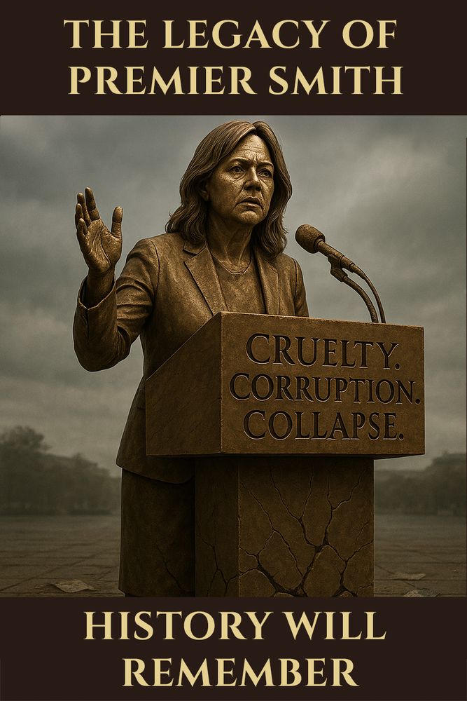 A digitally rendered statue of Premier Danielle Smith depicted in bronze, standing behind a podium etched with the words "Cruelty. Corruption. Collapse." The text above reads, "The Legacy of Premier Smith," and below, "History Will Remember." The imagery evokes a somber tone, symbolizing the perceived authoritarian legacy marked by moral decline, political misconduct, and social deterioration.
