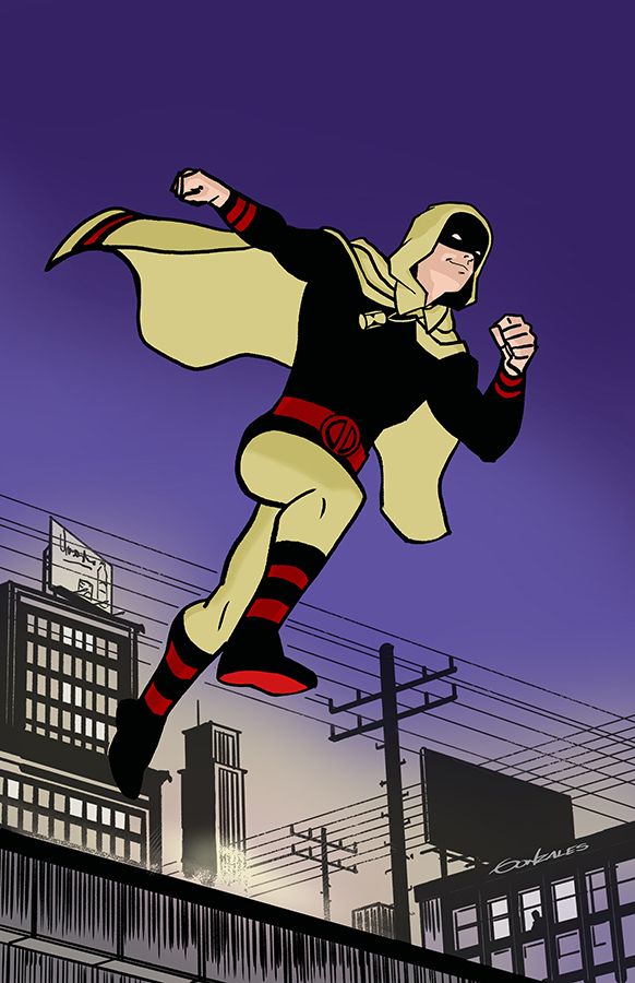 The golden age Hourman leaping off a rooftop while on a night patrol. City background.