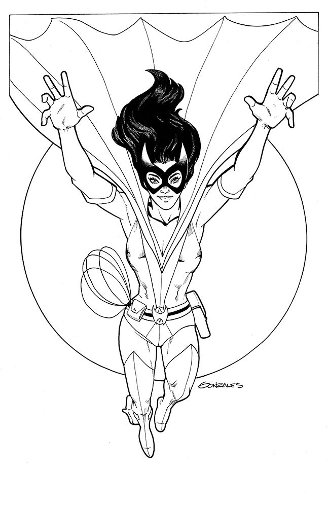 Inked drawing of the Huntress leaping towards the viewer with arms out stretched and her cape flowing behind her.