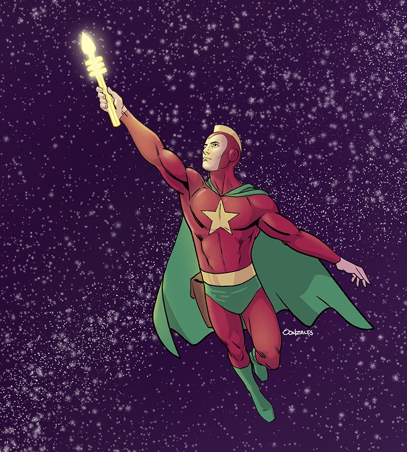 Golden Age Starman using his Cosmic Rod to fly across a star filled night sky.