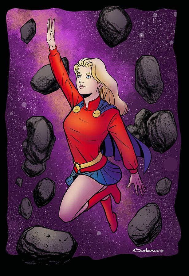 Laurel Gand, Andromeda of the Legion of Super-Heroes in red and blue flying through an asteroid field in purple and black space.