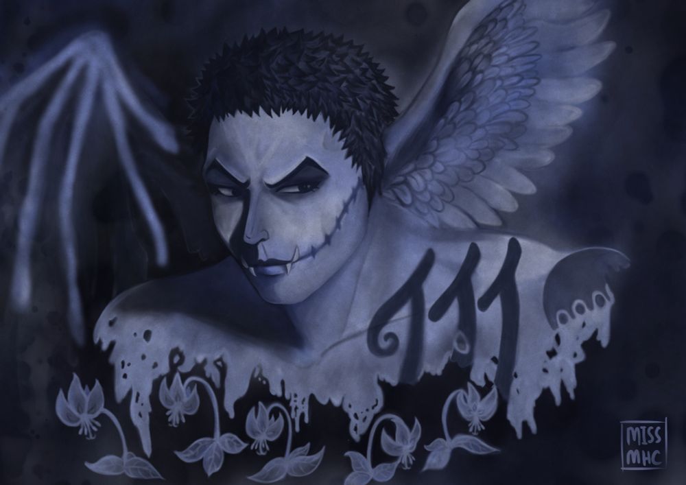 My take on Ayami Kojima's beautiful works on Castlevania characters (assuming it's Alucard) featuring Katakuri from One Piece. He's burrowing his eyebrows as he looks to his left, his fangs shown and scar going across his cheeks to his sideburn. His ears are instead wings, with one that is spread out with feathers extended on his left side while the right is barren, it's feathers gone and only the skeleton shown. His iconic tattoo marked on his left torso and bicep are there, though the rest of his body is gone, leaving only fabric torn like fragments of him from just below his chest and arms. Below him are erythronium japonicum, also known as Japanese fawn lilies, representing him since they are called Katakuri in Japanese