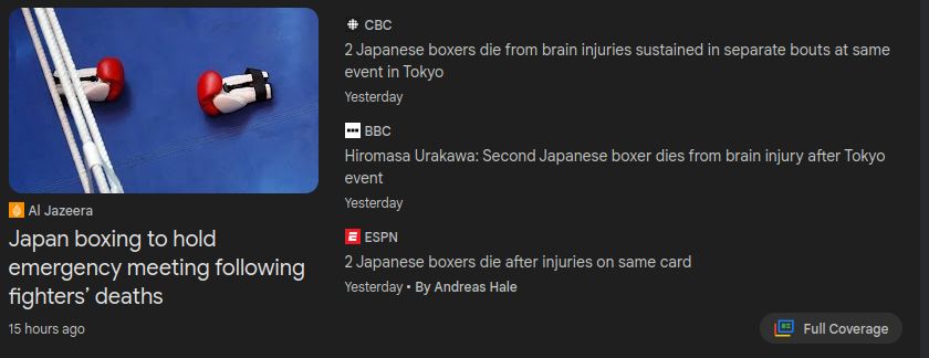 Screen capture of Google News feed regarding the deaths of two boxers in Japan.