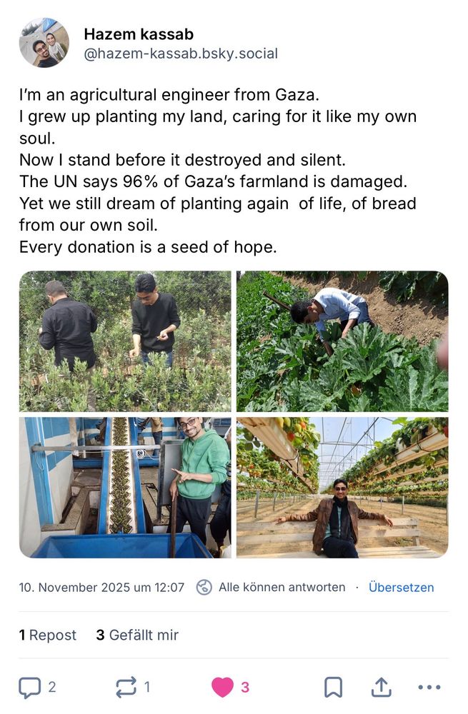 Screenshot 

„I'm an agricultural engineer from Gaza.
I grew up planting my land, caring for it like my own soul.
Now I stand before it destroyed and silent.
The UN says 96% of Gaza's farmland is damaged.
Yet we still dream of planting again of life, of bread from our own soil.
Every donation is a seed of hope.“

Hazem and Yasmine’s Story: A Cry for Survival
http://gofund.me/78f16271

10. November 2025 um 12:07