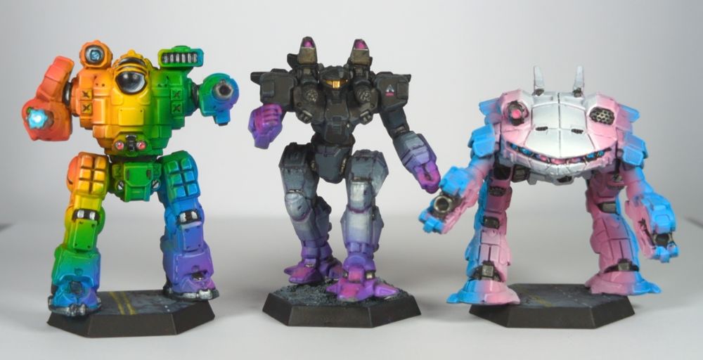 Rainbow pride Mackie, ace pride Phoenix Hawk IIC, trans pride King Crab