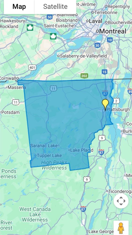 A map shows the geography of New York state’s 115th assembly district. The area of the district is filled in blue. It includes most of Clinton County and small portions of Essex and Franklin counties.