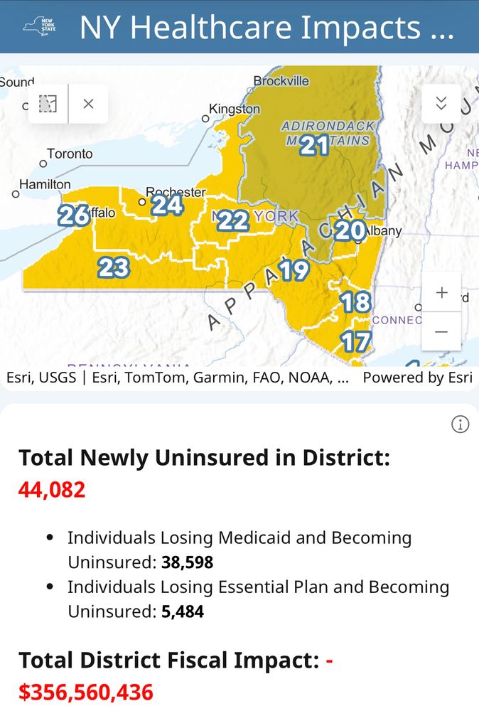 Graphic states that individuals losing Medicaid and becoming uninsured will be 38,598. Individuals losing essential plan and becoming uninsured will be 5,484. The total district financial impact (loss of federal funding) is $356,560,436. 
