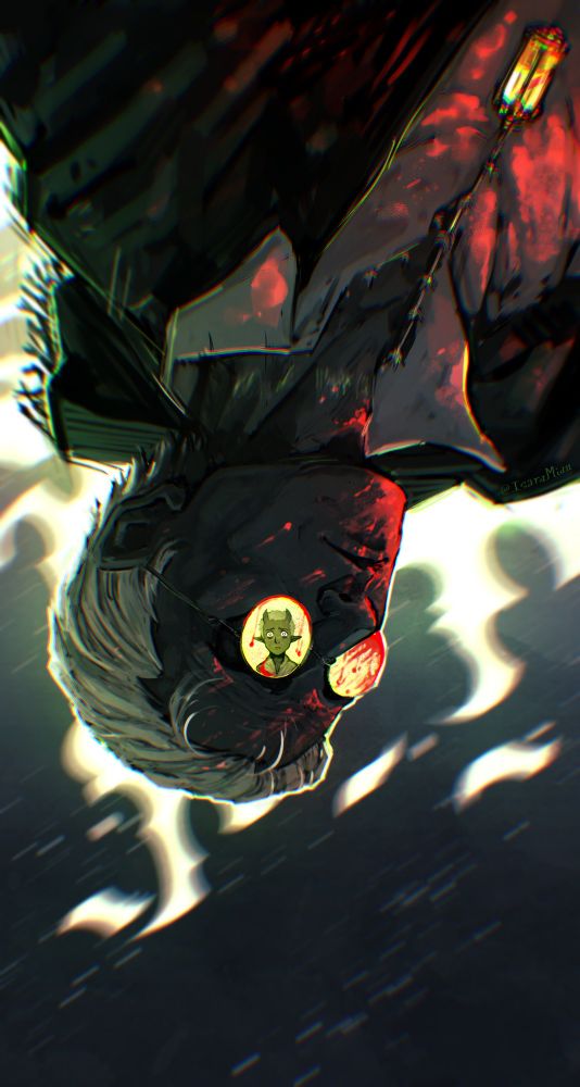 Illustration of a man upside down, covered in blood splashes with green fire in the background. He wear glasses with a kid tiefling reflection.
