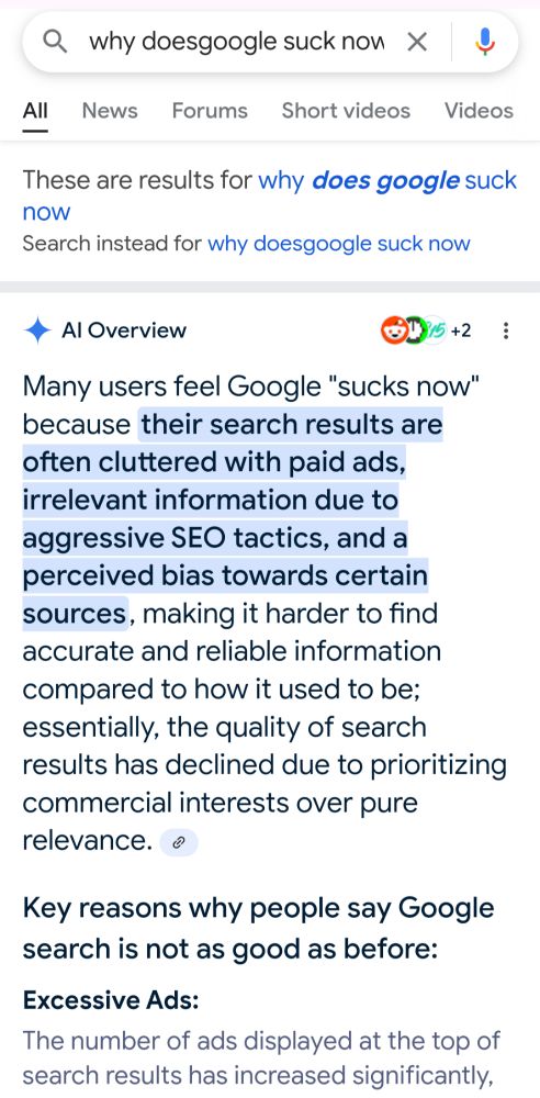 Screen capture of a Google search result showing that Google prioritizes making money over accurate search results in its browser according to their own artificial intelligence.
