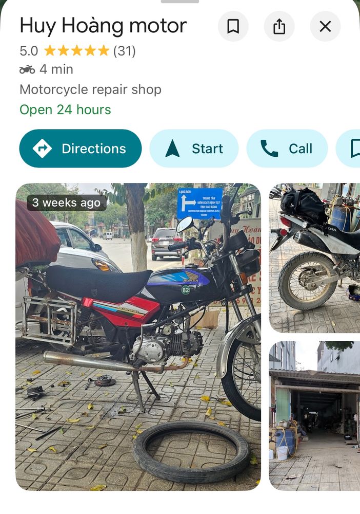 Screenshot of a Google Maps listing for “Huy Hoàng motor,” a 24-hour motorcycle repair shop with a 5-star rating. Featured images show a motorbike with a flat tire and a repair area with tools and parts on the ground.