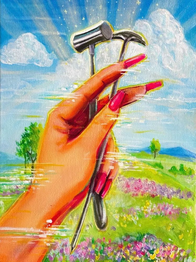 A painting of a woman's hands gloriously holding lobotomy tools 
