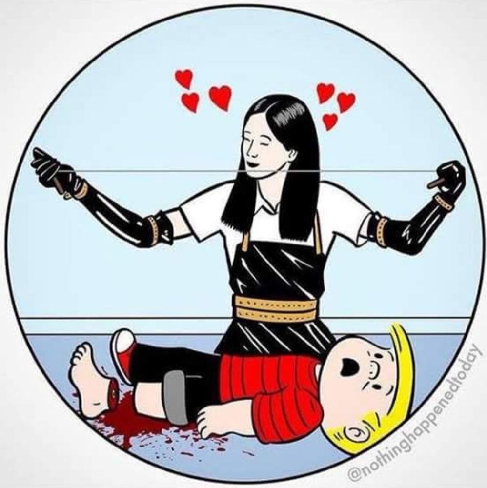 A Family Circus cartoon where Asami from Audition is holding a wire and the kid from Family Circus has his foot cut off.