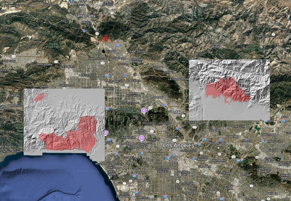 Map of downloadable pre-fire USGS 1 m lidar digital terrain models (DTM) covering the areas impacted by the Palisades and Eaton fires. Fire footprints are as of January 14.