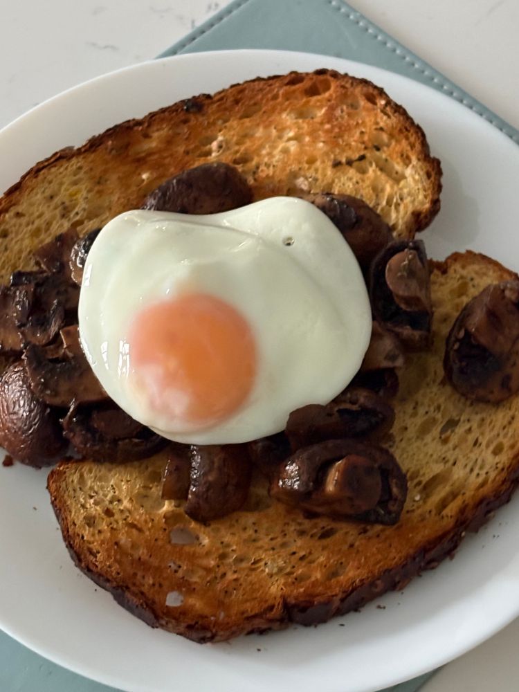 A fried egg with a soft yolk sitting on a bed of fried chestnut mushrooms all of which is on top of two slices of chia seed and wholegrain toasted bread.