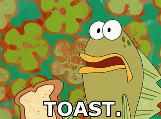 a cartoon fish is holding a piece of toast and says toast