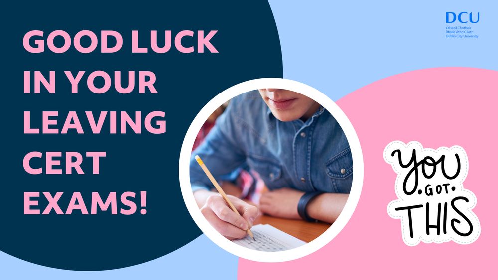Picture of someone studying close up with 'Good luck in your leaving cert exams'