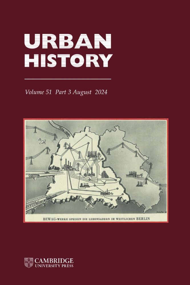 The cover of "urban history volume 51 part 3 august 2024" published by cambridge university press.