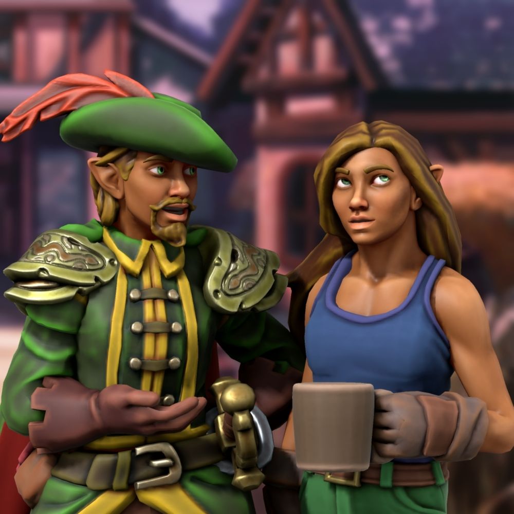 Two half-elf siblings made in Heroforge. One is a male bard named Niklas, the other is a female Artificer named Ashara. She's had enough of Nik's shenanigans.