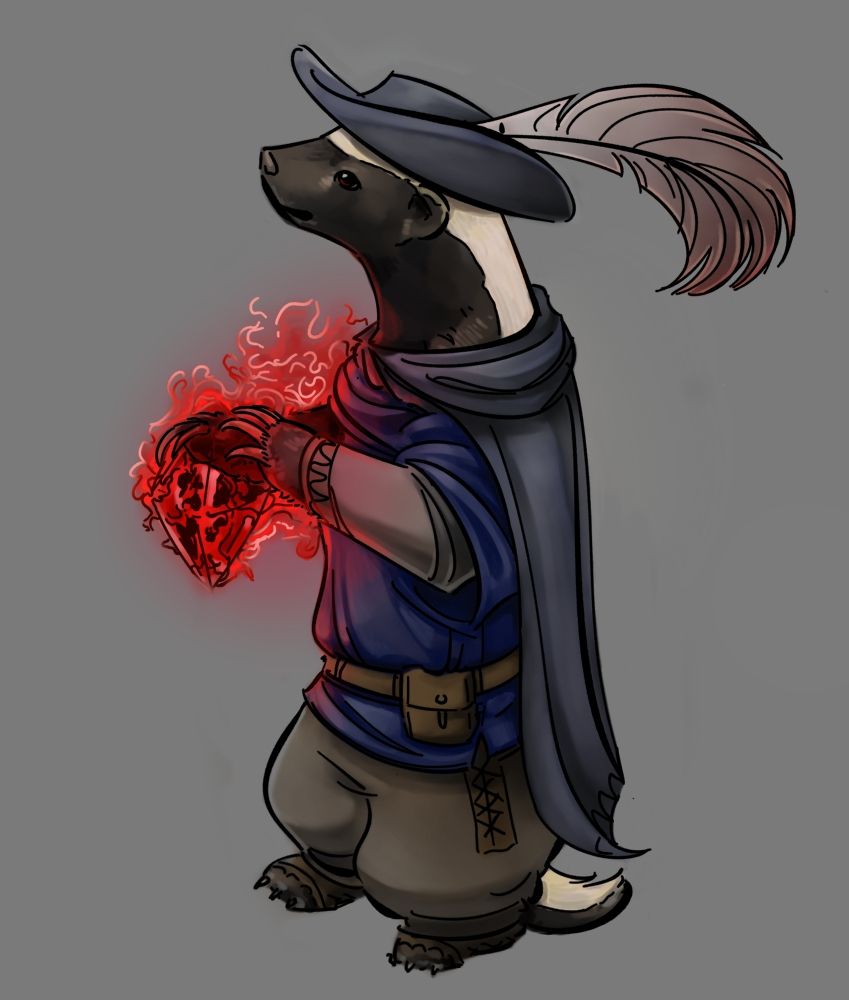 A badger person in fantasy styled attire including a musketeer hat with voluminous feather, holding an incredibly cursed magical crystal.