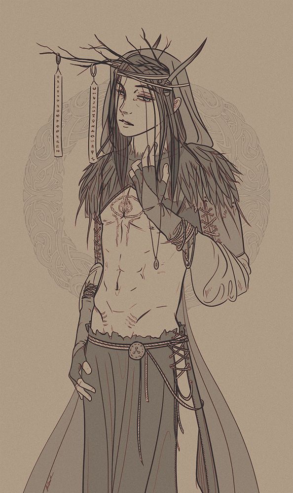 A drawing of a cultist wearing loose, flowing clothes. His chest is bare and has scarification in the shape of an eye. His upper chest and shoulders are covered by an angular cut top adorned heavily with feathers or leaves that leads into baggy sleeves and fingerless gloves. He wears a simple skirt composed of two pieces of cloth held together by rope or twine. He wears a hooded robe and has adorned his head with bones and branches resembling horns from which hang long talismans. The image is a sepia hued monochrome and the linework is tinted red.