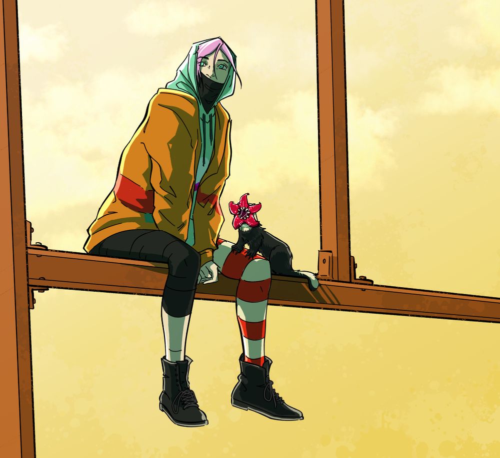 A girl in brightly colored clothing sites on iron girders against a fading yellow sky. She is hooded and masked. A void ferret, face splayed open look a toothsome flower, has her front feet perched on the girl's leg. Both are looking off to the left side of the image as if something has caught their attention. Frankie and Bella for Anchimayen.