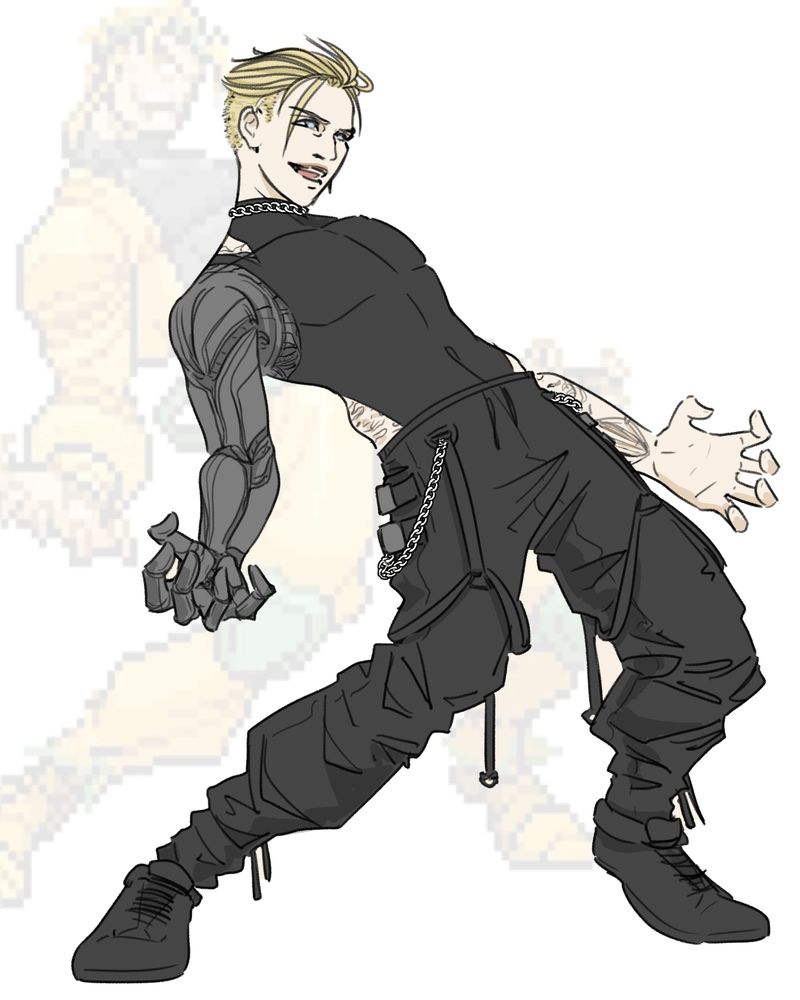 My OC, Marko, a blonde man with a prosthetic right arm and tattoos, in the Dio "wry" pose.