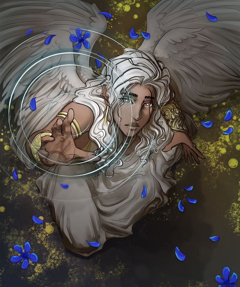 An angelic androgynous-masculine being with multiple pairs of wings crouched down on a ground spattered with gold. They have dark skin, long curly white hair, and cyan and red eyes. They are garbed in a white flowing garment which pools around them on the ground, and gold jewelry. They are seen from a high vantage point, the character looking up and reaching their hand to touch some unknown surface, which ripples where their finger displaces it. This clear surface is covered with floating blue flowers and petals. Eden belongs to Dovexii.