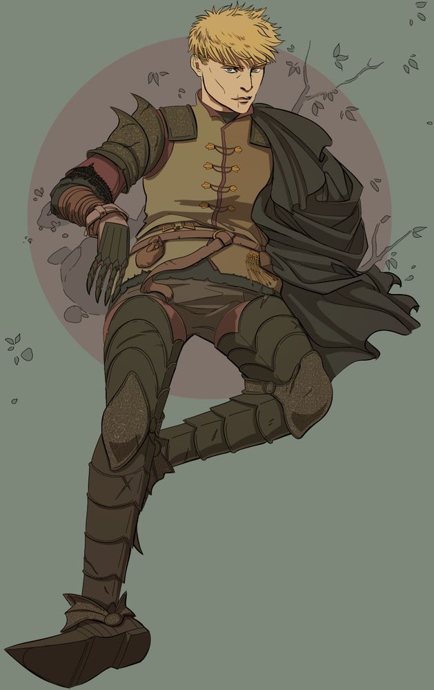 A semi-reclined man in dark spiky greaves, shoulder armor, taloned gloves, and pointed shoe armor - possibly for kicking. He has blonde hair and green eyes and slightly tanned white skin. He is wearing a bicolor tunic and has a cloak bundled over one arm. He is placed over a simple pale green forest themed background with stones, branches, and leaves and is framed partially inside a pale dull red circle. Character belongs to SaintsBeware.