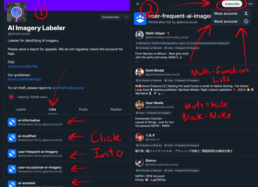 A demonstration of how to subscribe to mute lists. Click the Lists tag to see options then click subscribe.